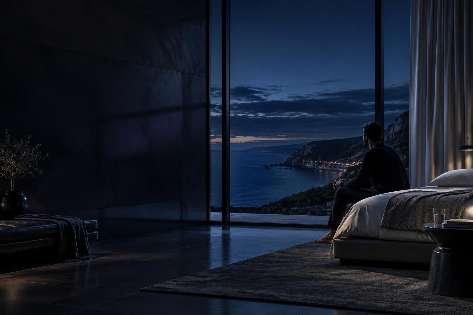 Quarto de arquitetura contemporânea ao anoitecer, com luz indireta e vista para o horizonte